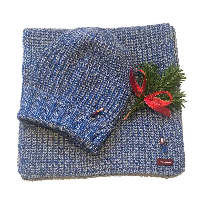 Set aus Merino Mütze und Schal, reine Schurwolle von Meinfrollein, Bleu Grau Moulinee
